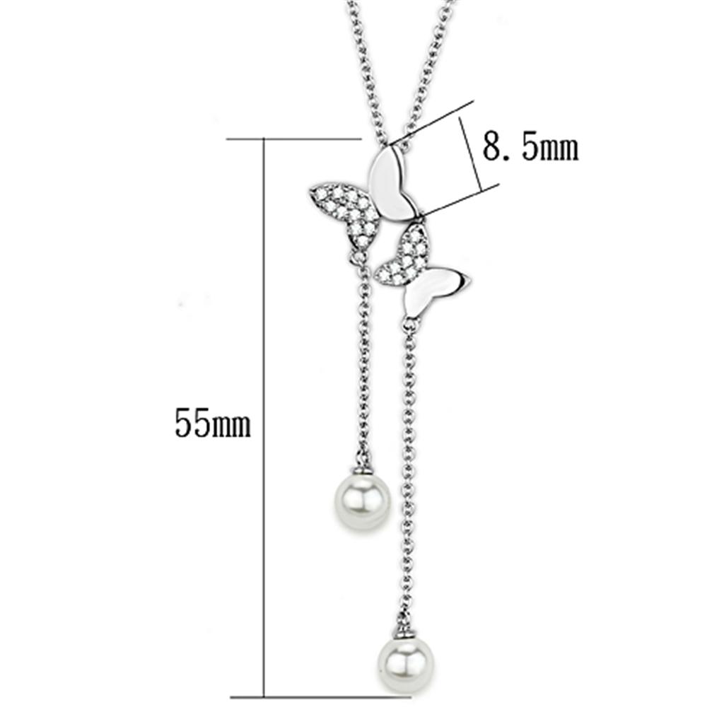 3W442 Rhodium Brass Necklace featuring a synthetic white pearl, showcasing its elegant design and shiny finish.