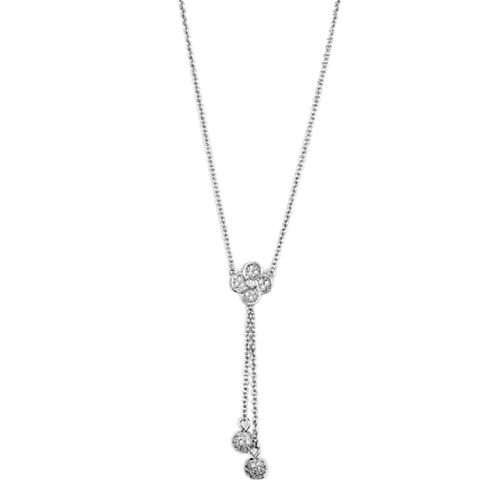 3W424 Rhodium Brass Necklace featuring AAA Grade Clear CZ stone, elegantly designed for versatile wear.