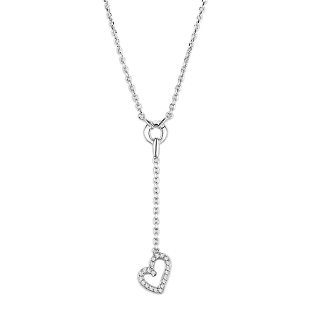 3W425 Rhodium Brass Necklace featuring AAA Grade Clear CZ, showcasing its elegant design and sparkling centerpiece.