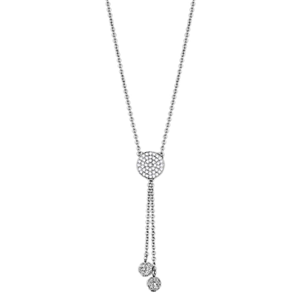 3W429 Rhodium Brass Necklace featuring a clear AAA Grade CZ stone, elegantly designed for versatile wear.