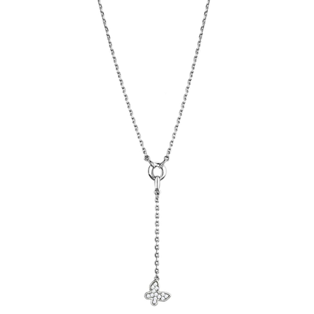3W443 Rhodium Brass Necklace featuring AAA Grade Clear CZ stone, showcasing its elegant design and sparkling centerpiece.