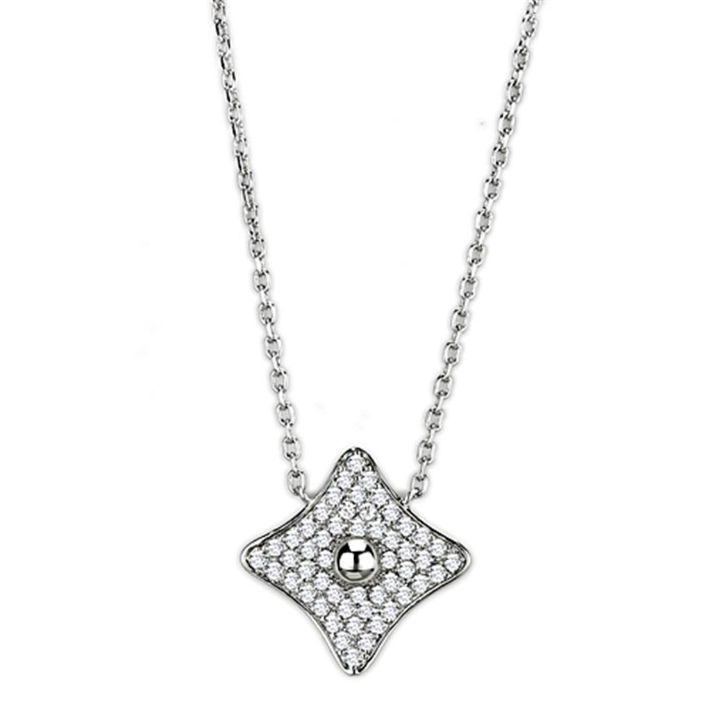 3W430 Rhodium Brass Necklace featuring a clear AAA Grade CZ stone, showcasing its elegant design and luxurious finish.