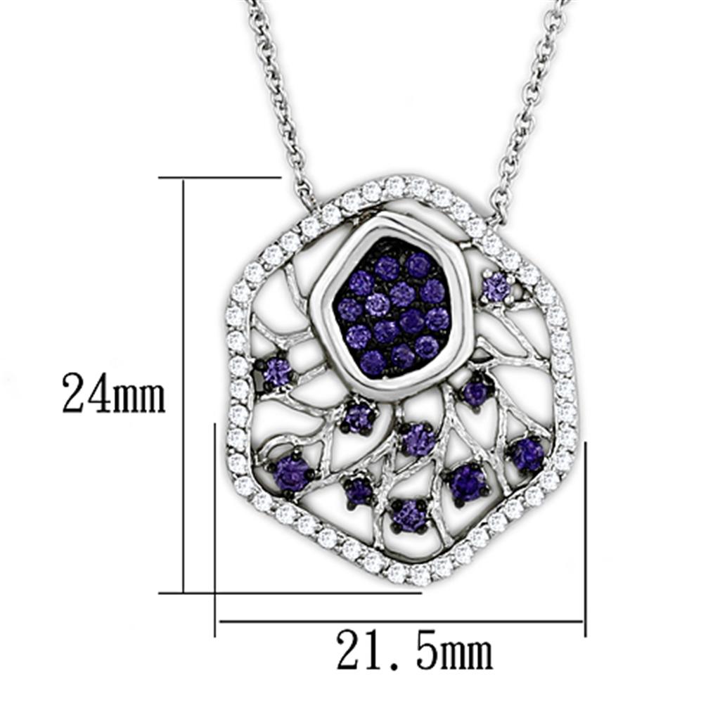 3W438 Rhodium and Ruthenium Brass Necklace featuring AAA Grade CZ in Amethyst, showcasing its elegant design and sparkling center stone.