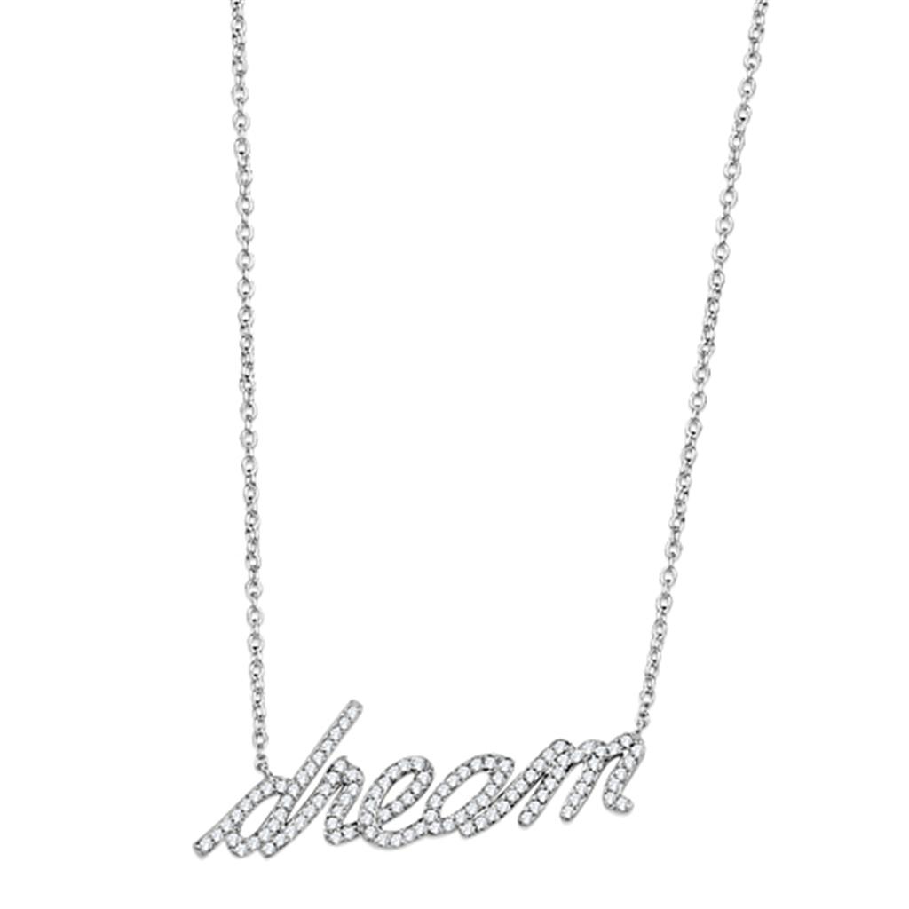 3W455 Rhodium Brass Necklace featuring a clear AAA Grade CZ stone, elegantly designed for versatile wear.