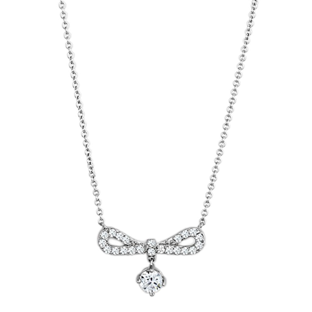 3W452 Rhodium Brass Necklace featuring a clear AAA Grade CZ stone, elegantly designed for versatile wear.
