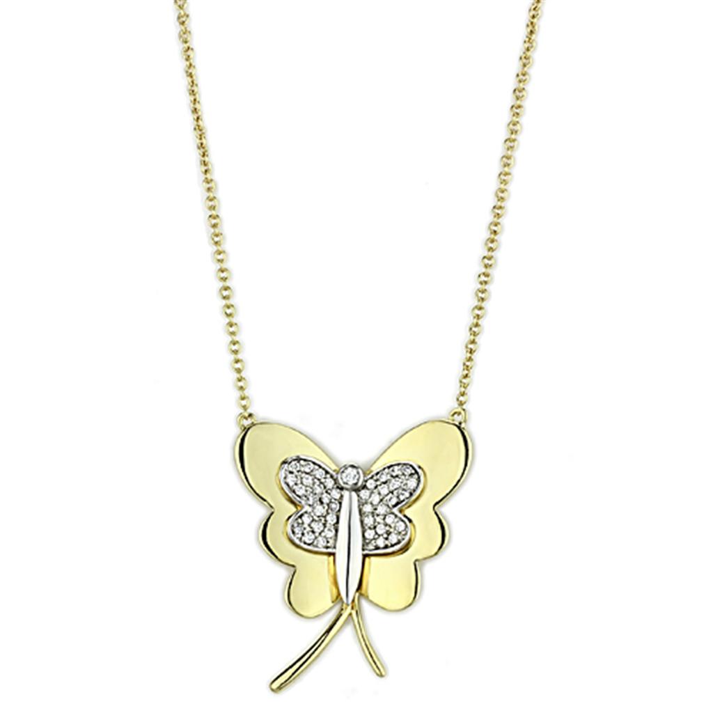 3W459 Gold and Rhodium Brass Necklace featuring a clear AAA Grade CZ stone, elegantly designed for versatile wear.