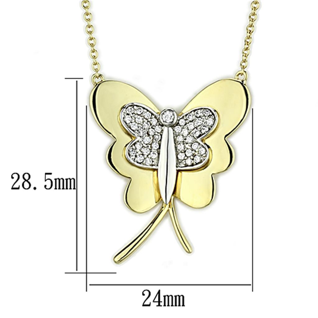 3W459 Gold and Rhodium Brass Necklace featuring a clear AAA Grade CZ stone, elegantly designed for versatile wear.