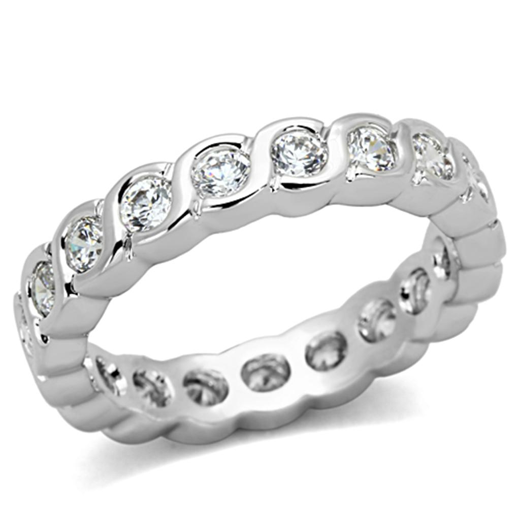 3W462 Rhodium Brass Ring featuring a clear AAA Grade CZ stone, showcasing its elegant design and shiny finish.