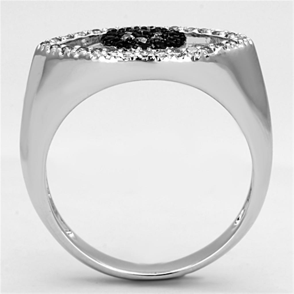 3W470 Rhodium and Ruthenium Brass Ring featuring AAA Grade CZ in Black Diamond, showcasing its elegant design and luxurious finish.