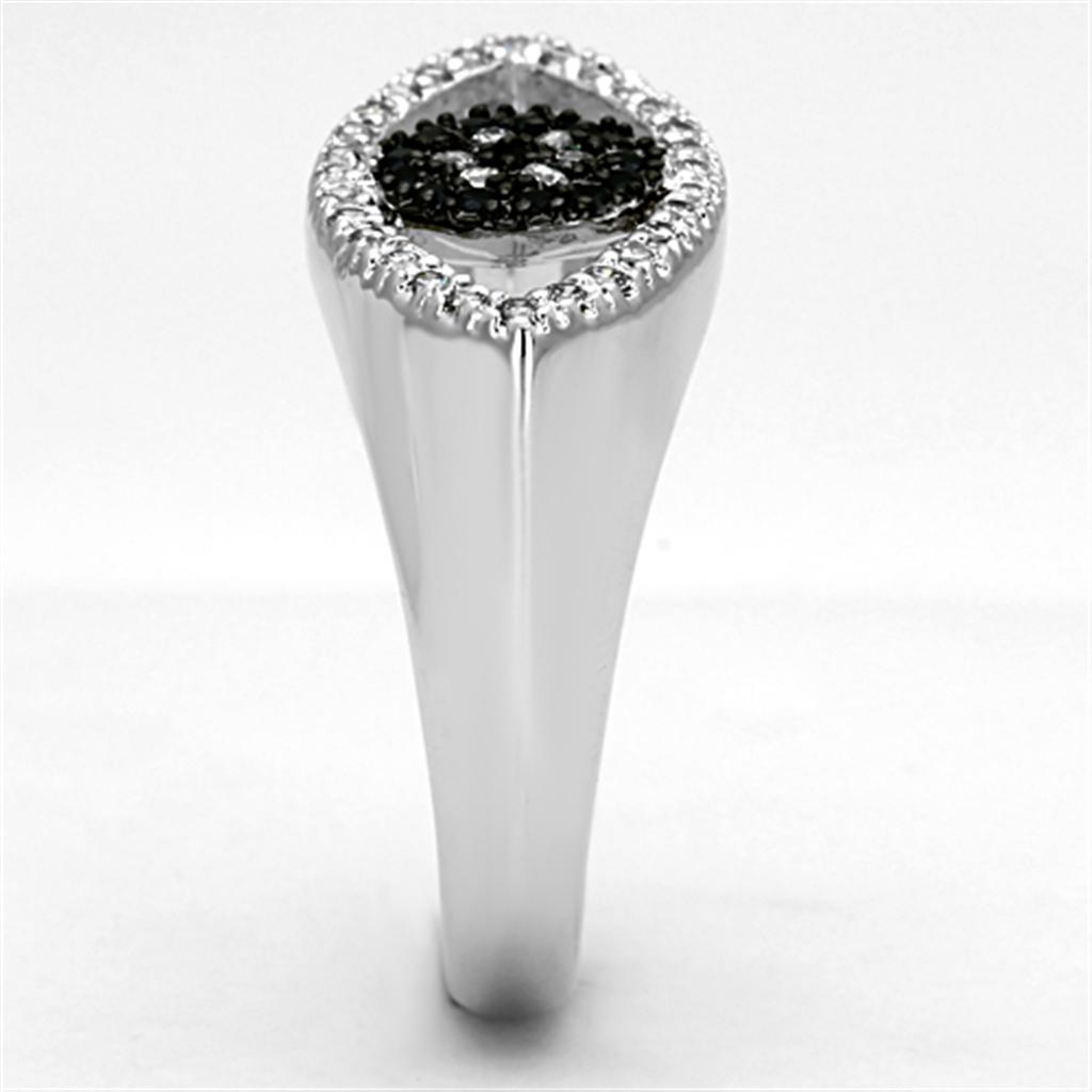 3W470 Rhodium and Ruthenium Brass Ring featuring AAA Grade CZ in Black Diamond, showcasing its elegant design and luxurious finish.