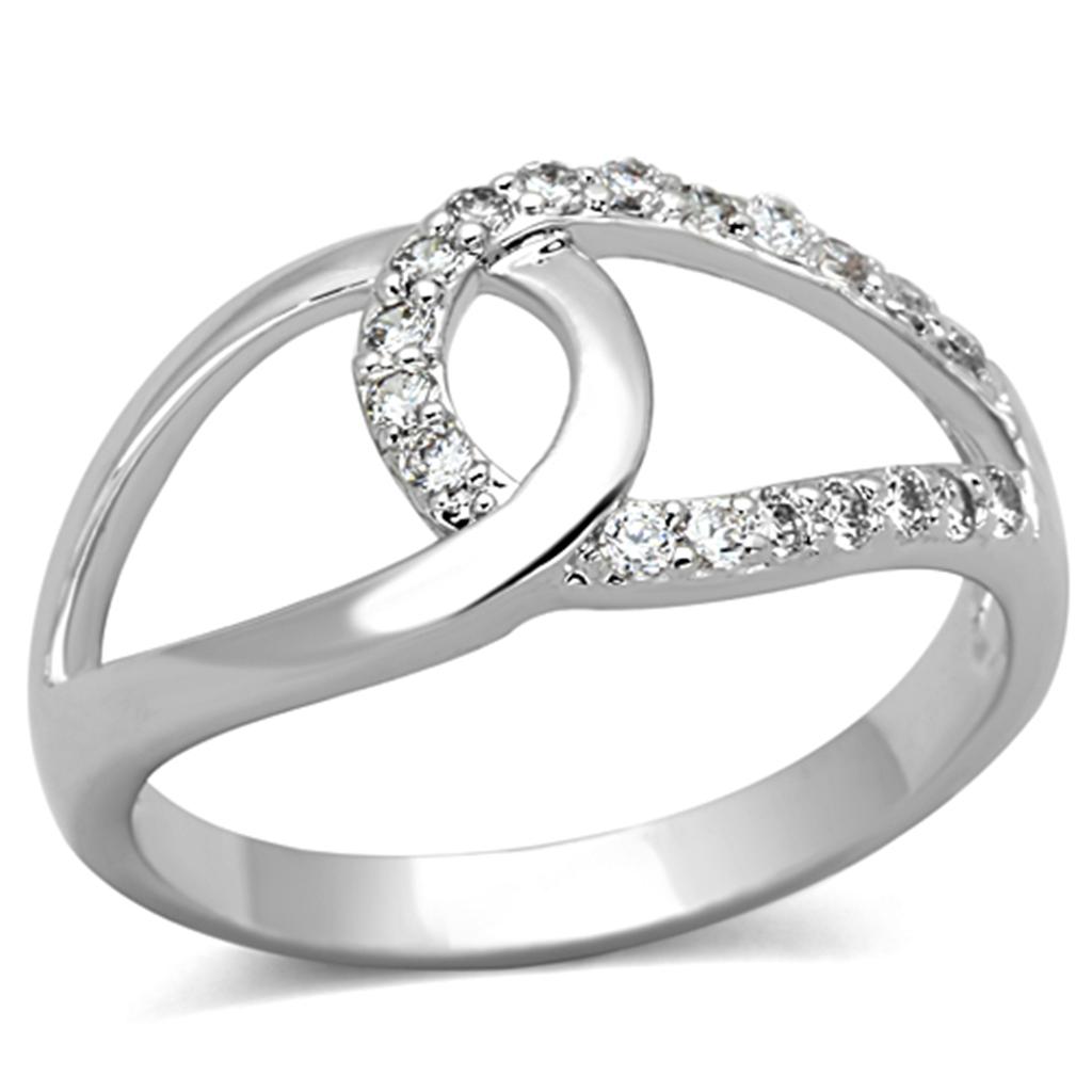 3W474 Rhodium Brass Ring featuring a clear AAA Grade CZ stone, showcasing its elegant design and luxurious finish.