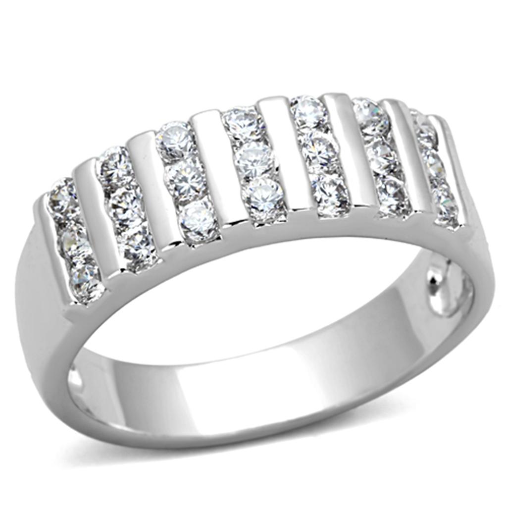 3W488 Rhodium Brass Ring featuring a clear AAA Grade CZ stone, showcasing its elegant design and shiny finish.