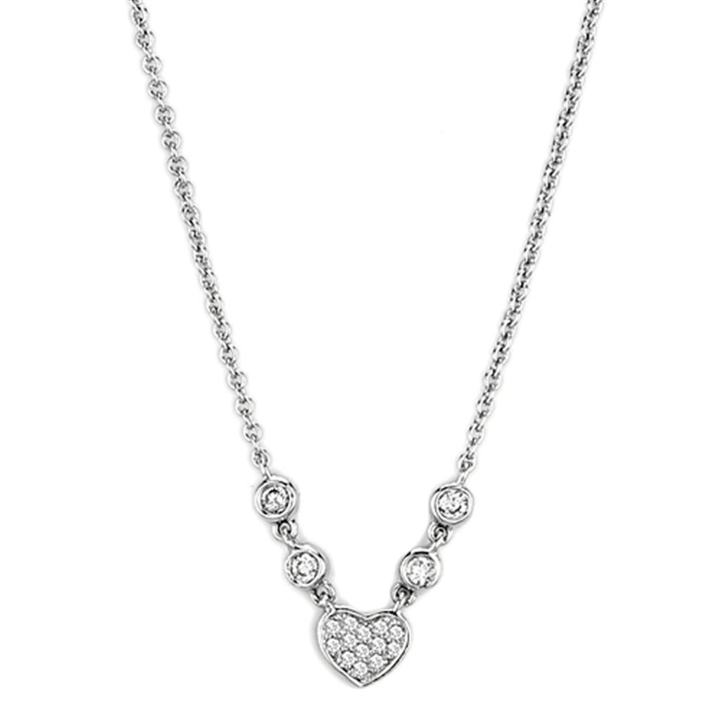 3W449 Rhodium Brass Necklace featuring AAA Grade Clear CZ, showcasing its elegant design and sparkling center stone.