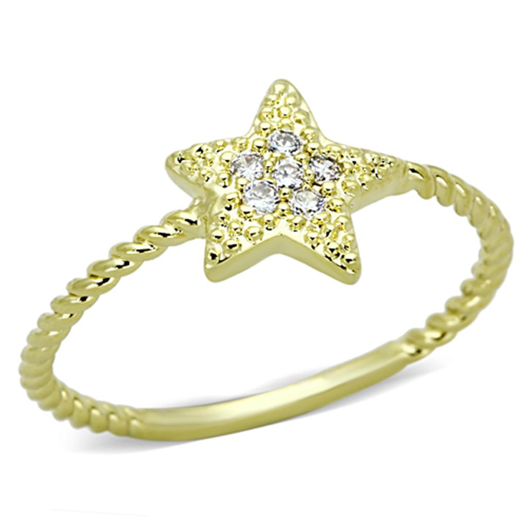 3W500 Gold Brass Ring featuring a clear AAA Grade CZ stone, showcasing its elegant design and luxurious finish.