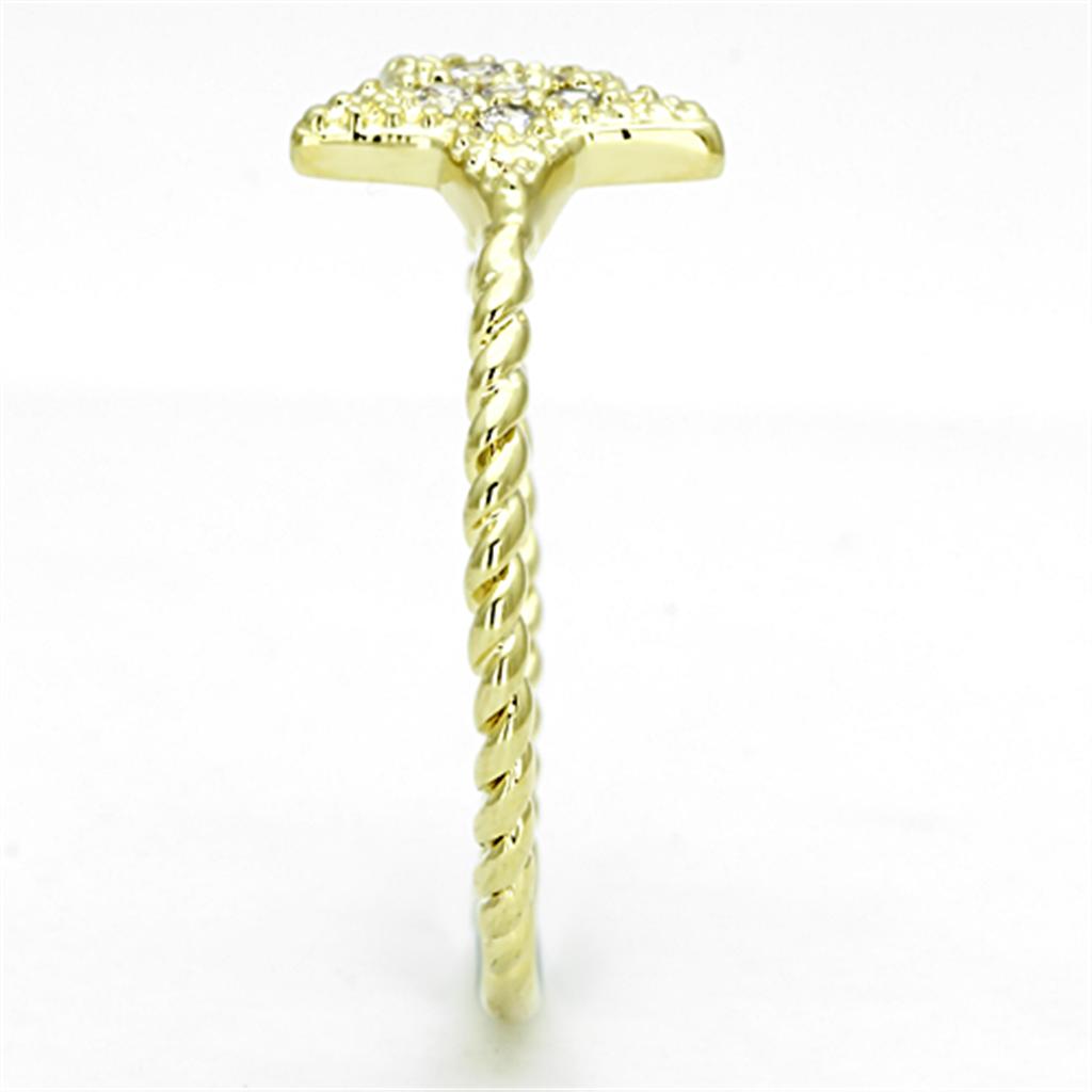 3W500 Gold Brass Ring featuring a clear AAA Grade CZ stone, showcasing its elegant design and luxurious finish.