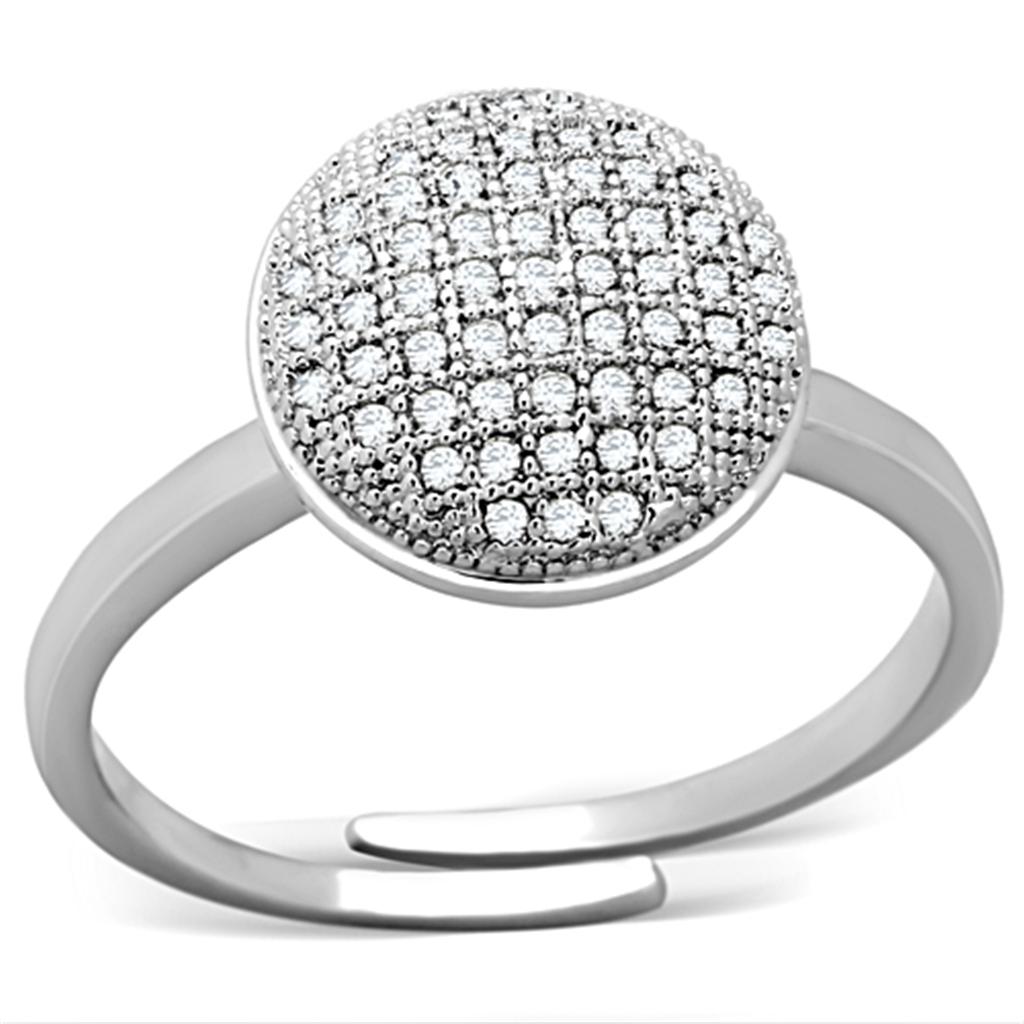 3W502 Rhodium Brass Ring featuring a clear AAA Grade CZ stone, showcasing its elegant design and luxurious finish.