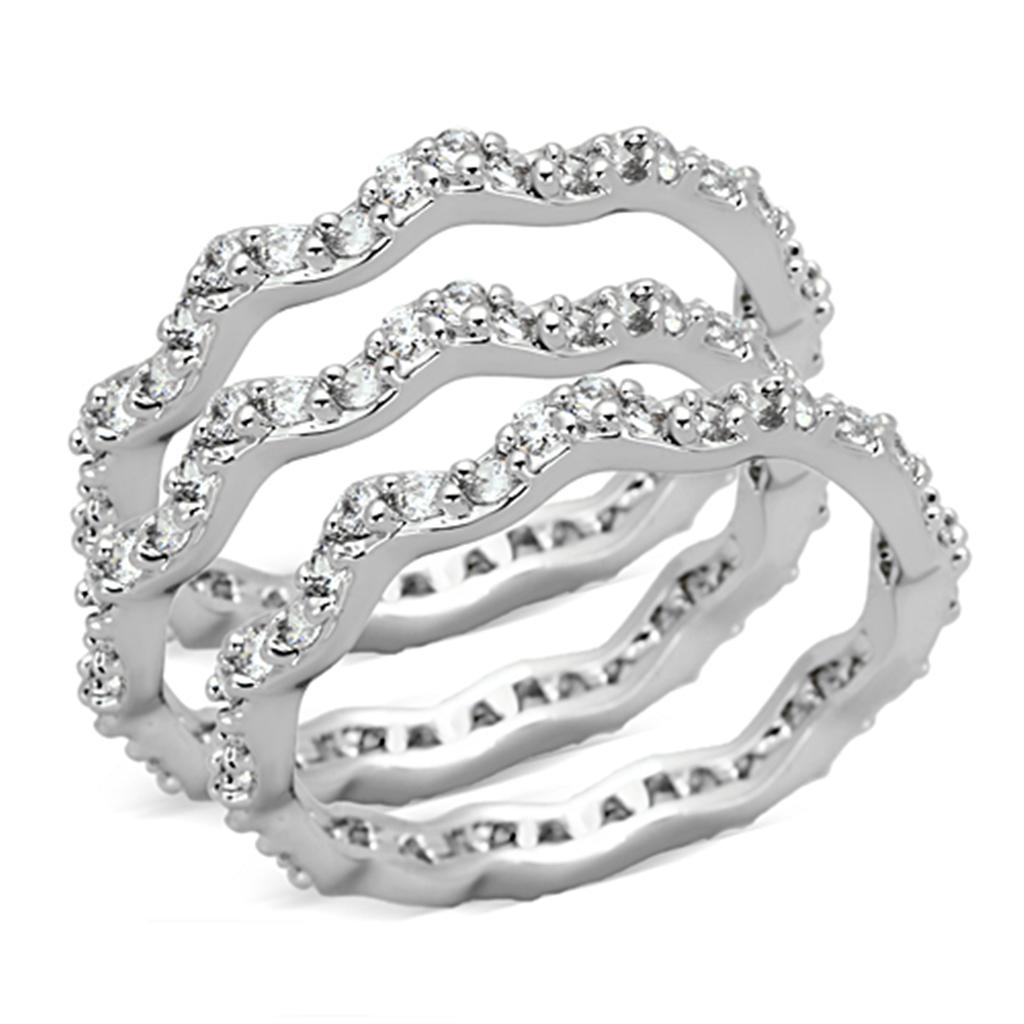 3W508 Rhodium Brass Ring featuring a clear AAA Grade CZ stone, showcasing its elegant design and shiny finish.