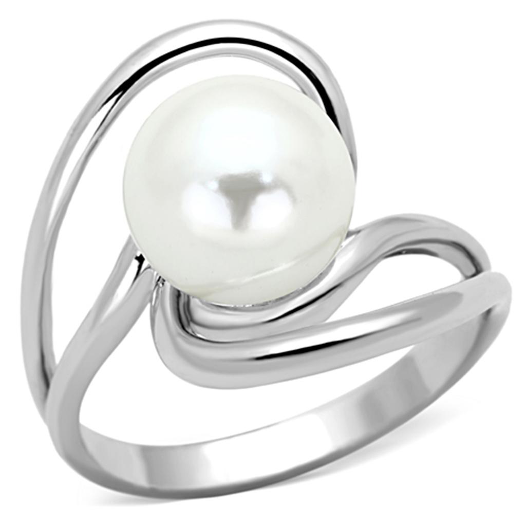 3W512 Rhodium Brass Ring featuring a synthetic white pearl centerpiece, showcasing its elegant design and shiny finish.