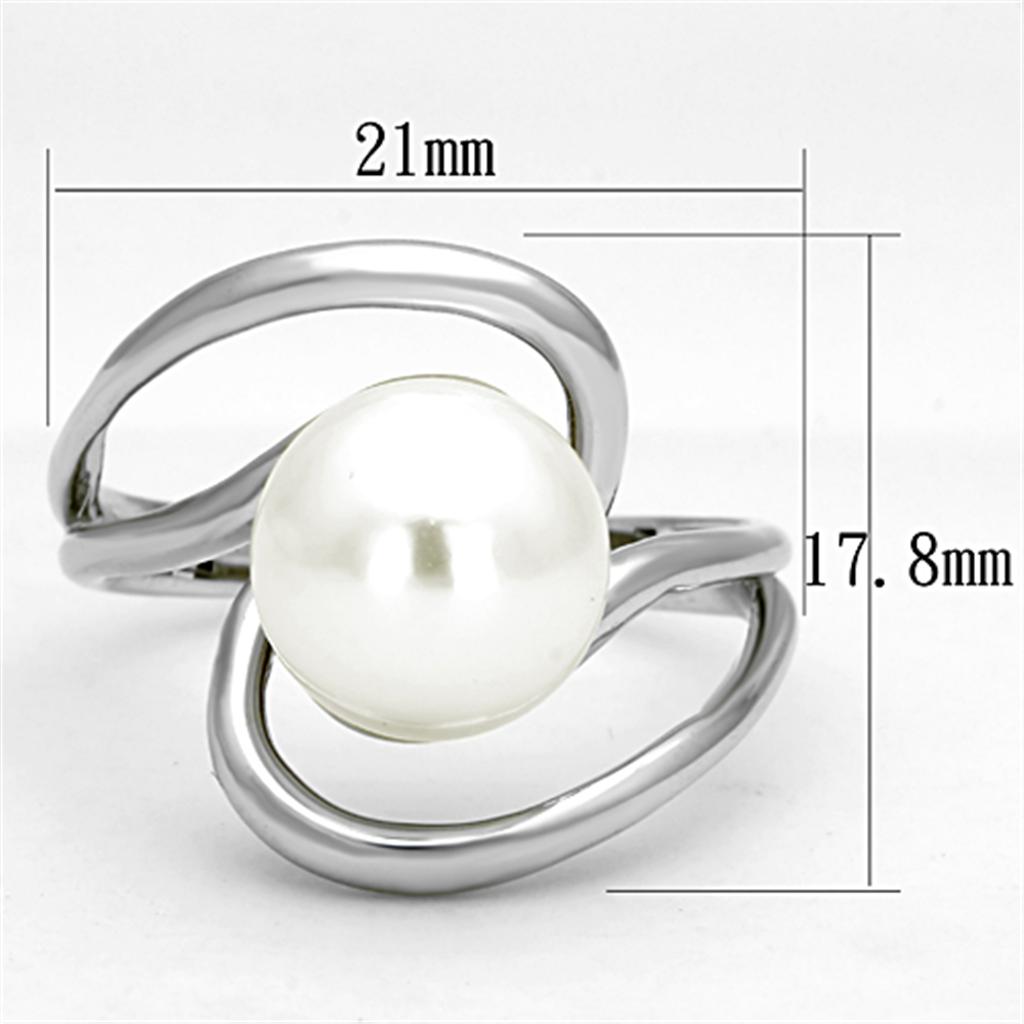 3W512 Rhodium Brass Ring featuring a synthetic white pearl centerpiece, showcasing its elegant design and shiny finish.