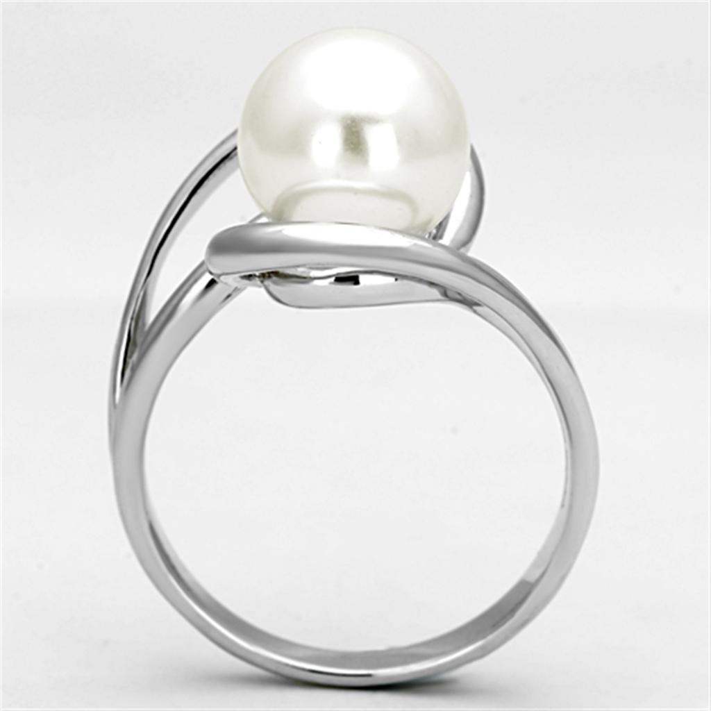3W512 Rhodium Brass Ring featuring a synthetic white pearl centerpiece, showcasing its elegant design and shiny finish.