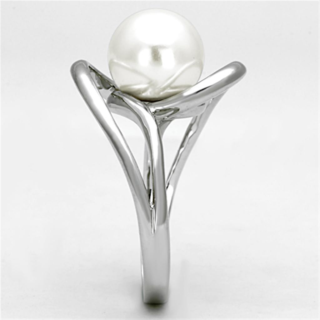 3W512 Rhodium Brass Ring featuring a synthetic white pearl centerpiece, showcasing its elegant design and shiny finish.