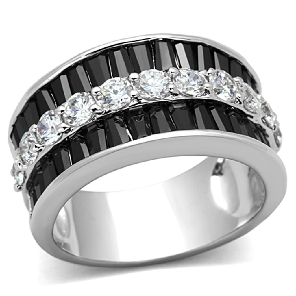 3W513 Rhodium Brass Ring featuring AAA Grade CZ in Black Diamond color, showcasing its elegant design and sparkling center stone.