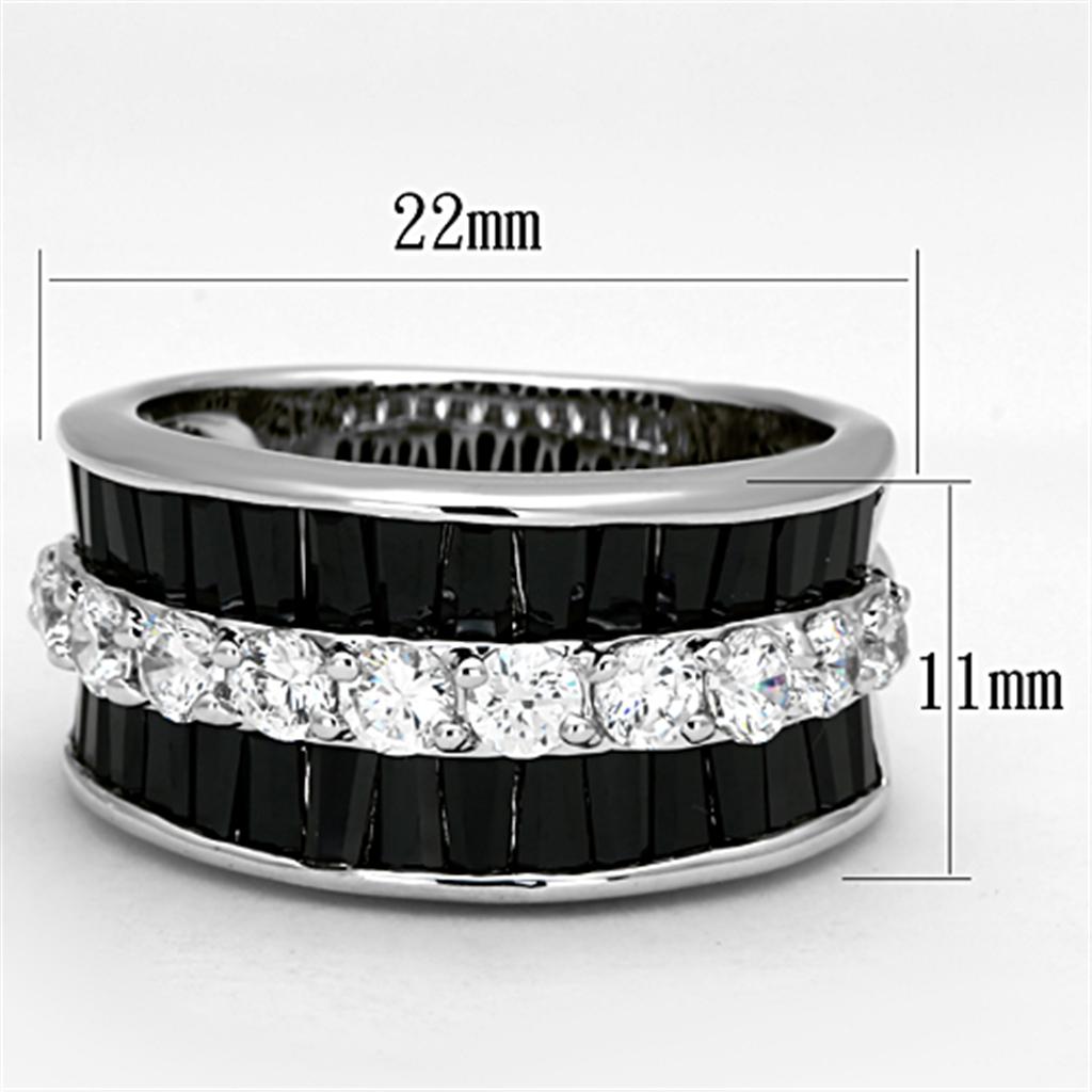 3W513 Rhodium Brass Ring featuring AAA Grade CZ in Black Diamond color, showcasing its elegant design and sparkling center stone.