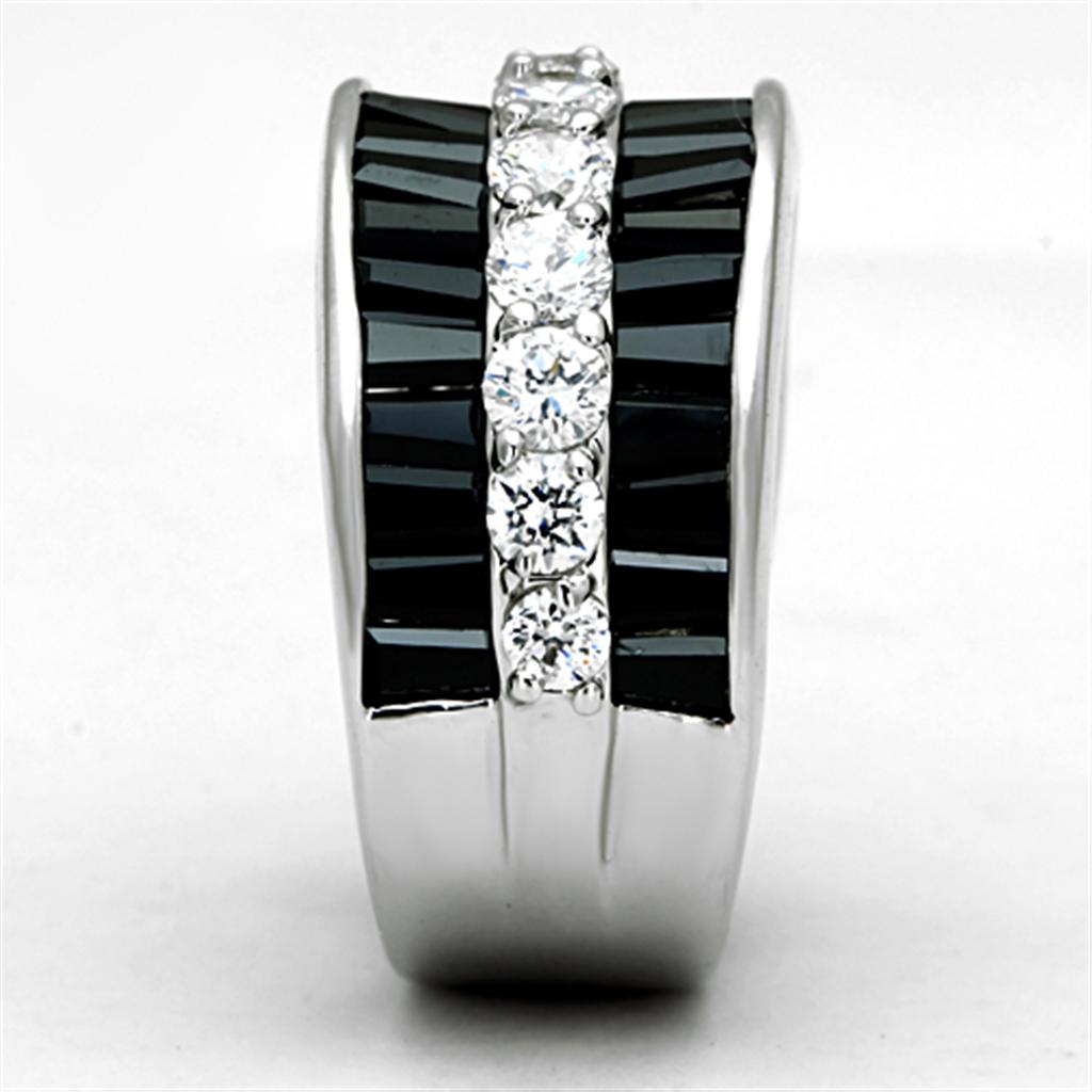 3W513 Rhodium Brass Ring featuring AAA Grade CZ in Black Diamond color, showcasing its elegant design and sparkling center stone.