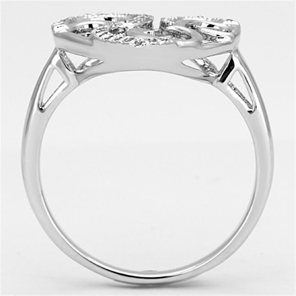3W524 Rhodium Brass Ring featuring a clear AAA Grade CZ stone, showcasing its elegant design and shiny finish.