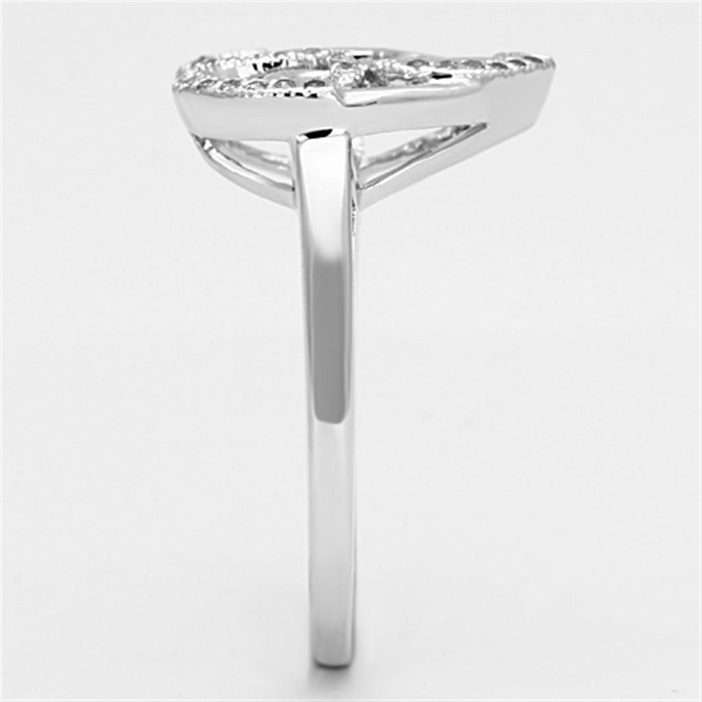 3W524 Rhodium Brass Ring featuring a clear AAA Grade CZ stone, showcasing its elegant design and shiny finish.