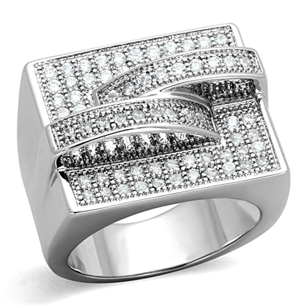 3W562 Rhodium Brass Ring featuring a clear AAA Grade CZ stone, showcasing its elegant design and luxurious finish.