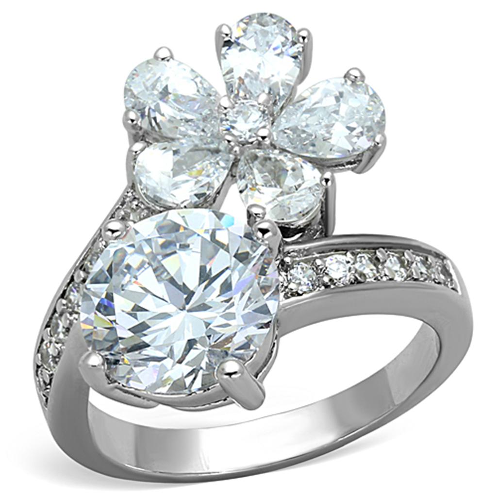 3W576 Rhodium Brass Ring featuring a clear AAA Grade CZ stone, showcasing its elegant design and high-quality materials.