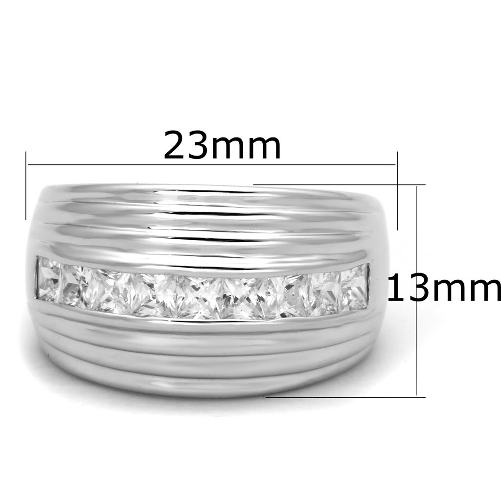 3W588 Rhodium Brass Ring featuring a clear AAA Grade CZ stone, showcasing its elegant design and luxurious finish.