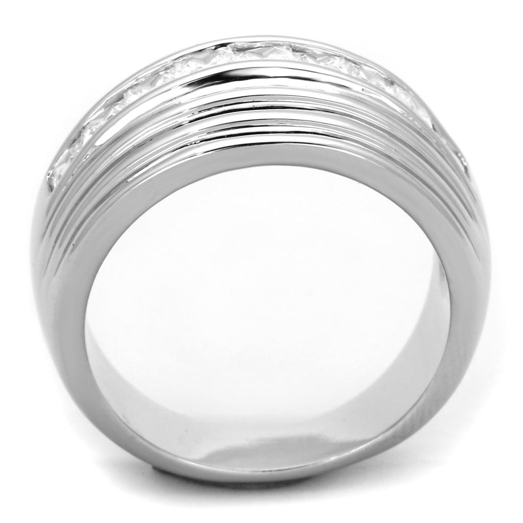 3W588 Rhodium Brass Ring featuring a clear AAA Grade CZ stone, showcasing its elegant design and luxurious finish.