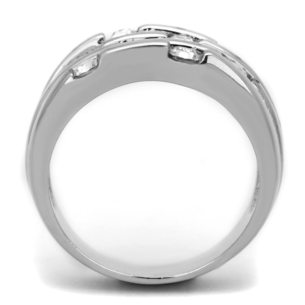 3W581 Rhodium Brass Ring featuring a clear top grade crystal, showcasing its elegant design and shiny finish.