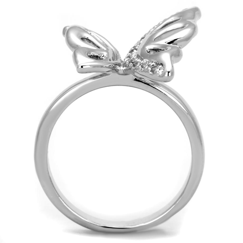 3W592 Rhodium Brass Ring featuring a clear AAA Grade CZ stone, showcasing its elegant design and shiny finish.