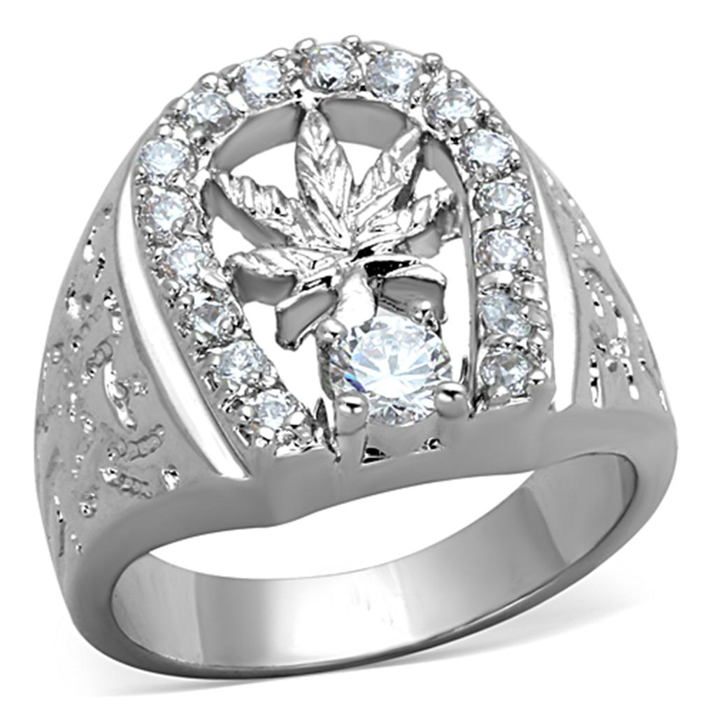 3W595 Rhodium Brass Ring featuring a clear AAA Grade CZ stone, showcasing its elegant design and luxurious finish.