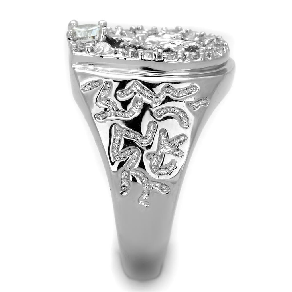 3W595 Rhodium Brass Ring featuring a clear AAA Grade CZ stone, showcasing its elegant design and luxurious finish.