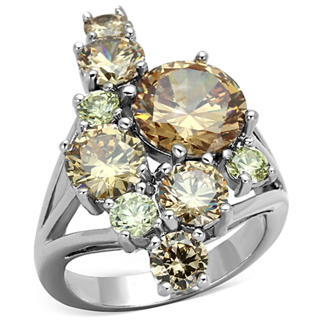3W600 Rhodium Brass Ring featuring AAA Grade CZ stones in a vibrant multi-color design, showcasing elegance and style.