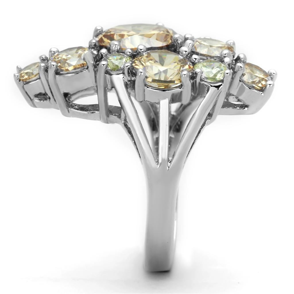 3W600 Rhodium Brass Ring featuring AAA Grade CZ stones in a vibrant multi-color design, showcasing elegance and style.