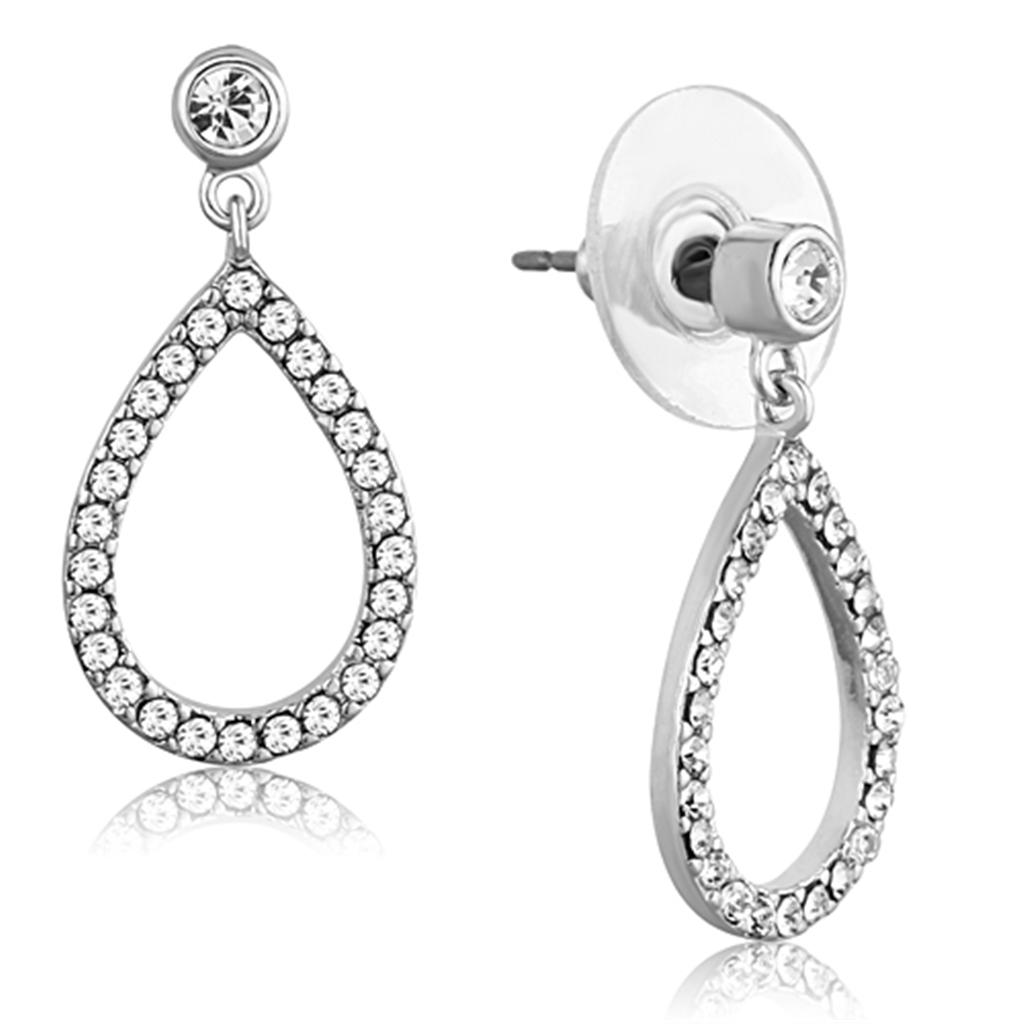Elegant 3W617 Rhodium Brass Earrings featuring a clear top-grade crystal centerpiece, showcasing a luxurious shine.