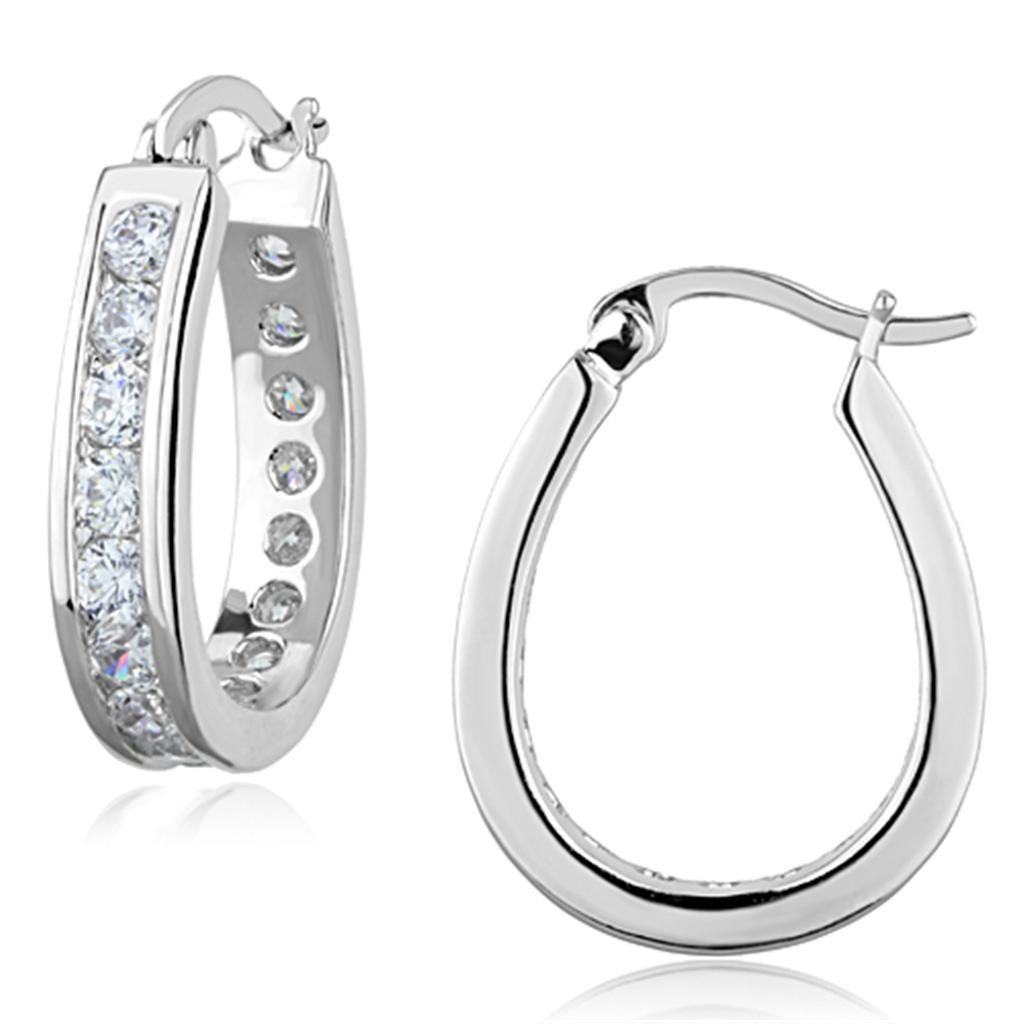 Elegant 3W625 Rhodium Brass Earrings featuring AAA Grade Clear CZ stone, showcasing a luxurious design.