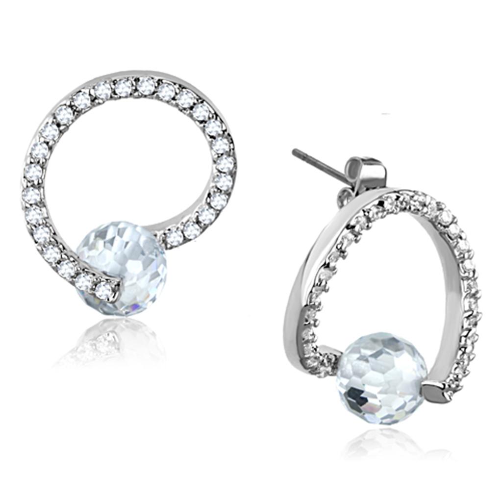 3W626 Rhodium Brass Earrings featuring AAA Grade Clear CZ stone, elegantly designed for any occasion.