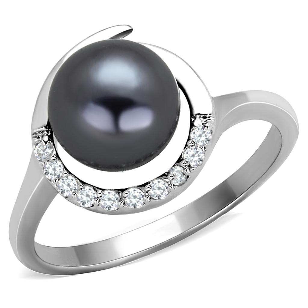 3W629 Rhodium Brass Ring featuring a gray synthetic pearl, showcasing its elegant design and luxurious finish.