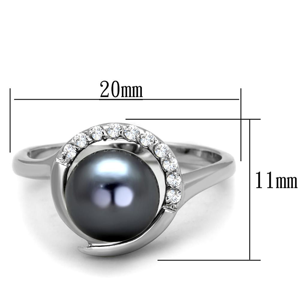 3W629 Rhodium Brass Ring featuring a gray synthetic pearl, showcasing its elegant design and luxurious finish.
