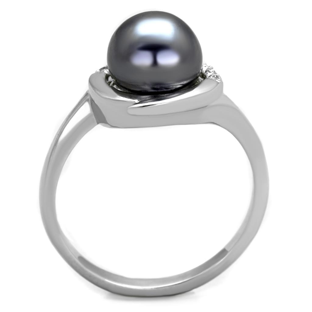 3W629 Rhodium Brass Ring featuring a gray synthetic pearl, showcasing its elegant design and luxurious finish.