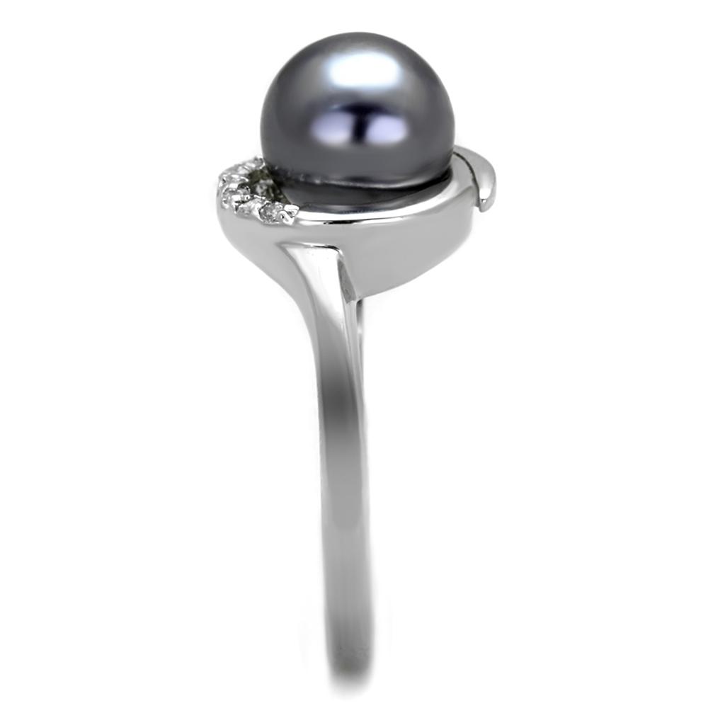3W629 Rhodium Brass Ring featuring a gray synthetic pearl, showcasing its elegant design and luxurious finish.