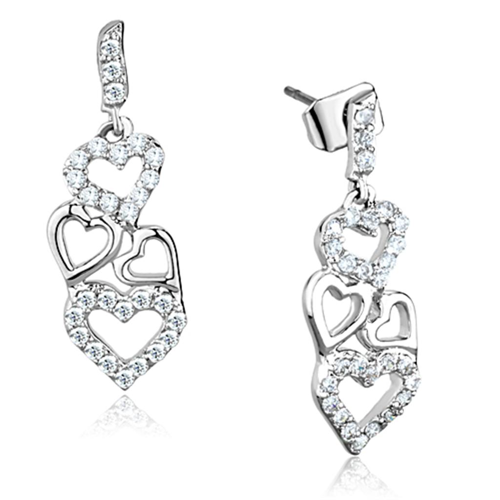 Elegant 3W640 Rhodium Brass Earrings featuring AAA Grade Clear CZ stone, showcasing a luxurious design.