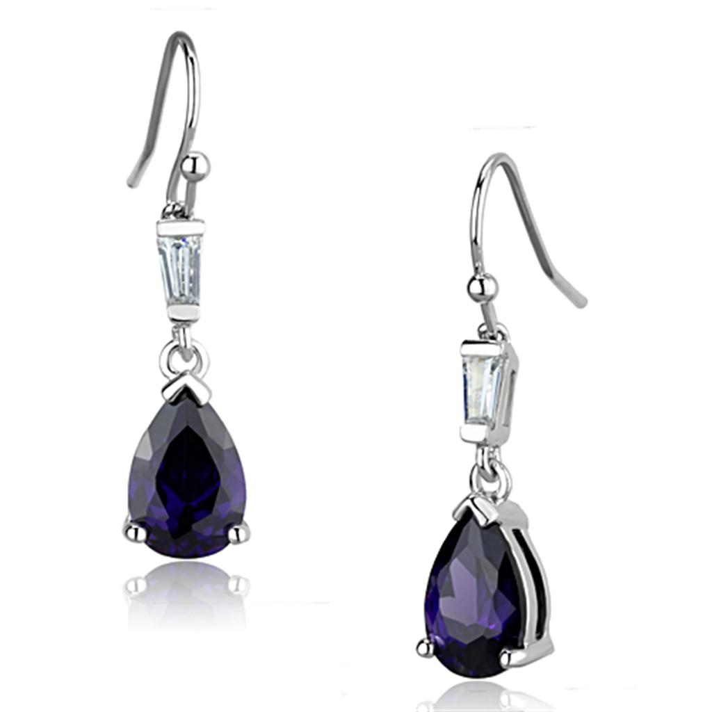 3W648 Rhodium Brass Earrings featuring AAA Grade CZ in Amethyst, showcasing elegant design and sparkling center stone.