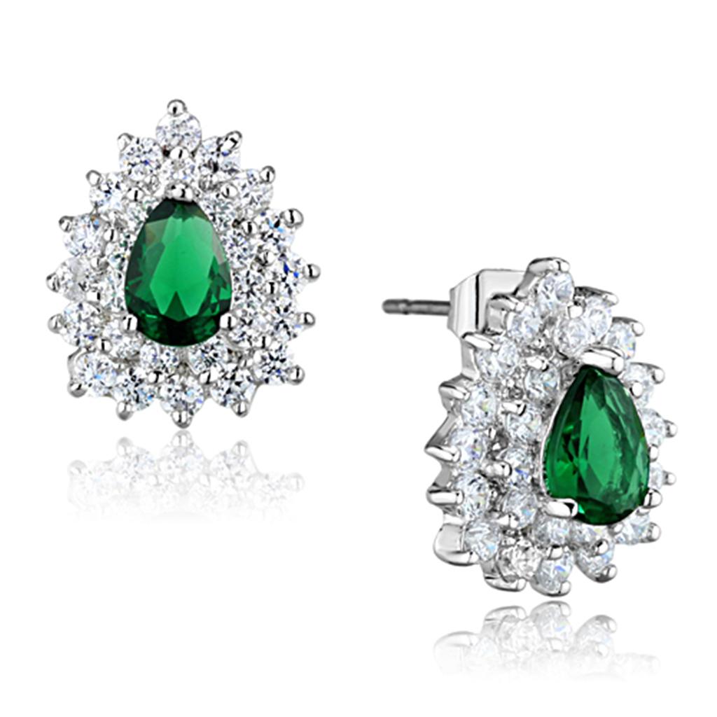 Elegant 3W656 Rhodium Brass Earrings featuring emerald synthetic glass center stone, showcasing a luxurious design.